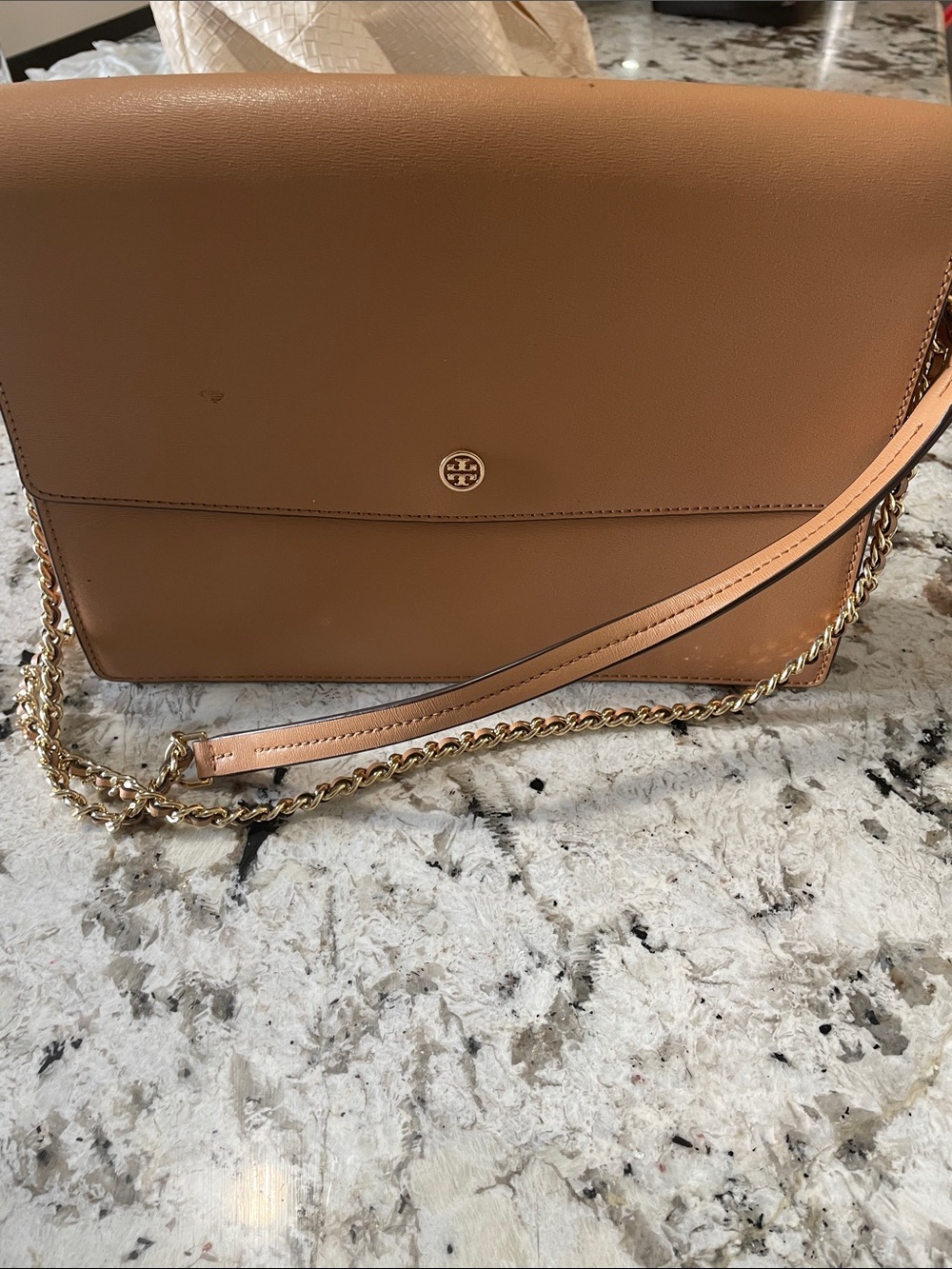 Tory Burch Camel Leather Chain Crossbody Bag